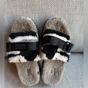 UGG Black and Cream Fluffy Slides